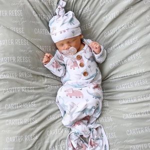 Caden Lane Prehistoric Pals Newborn Baby Knot Gown and Hat Set